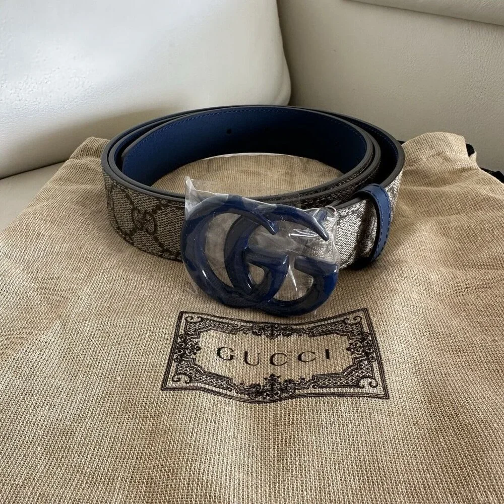 New Gucci Belt GG Supreme Monogram Calfskin Enamel 30mm Belt 105 Cm 42 In Blue - Picture 4 of 8